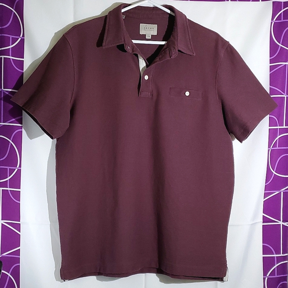 Jachs New York Wine Coloured Cotton Button Neck Men's T-Shirt - Size Large
